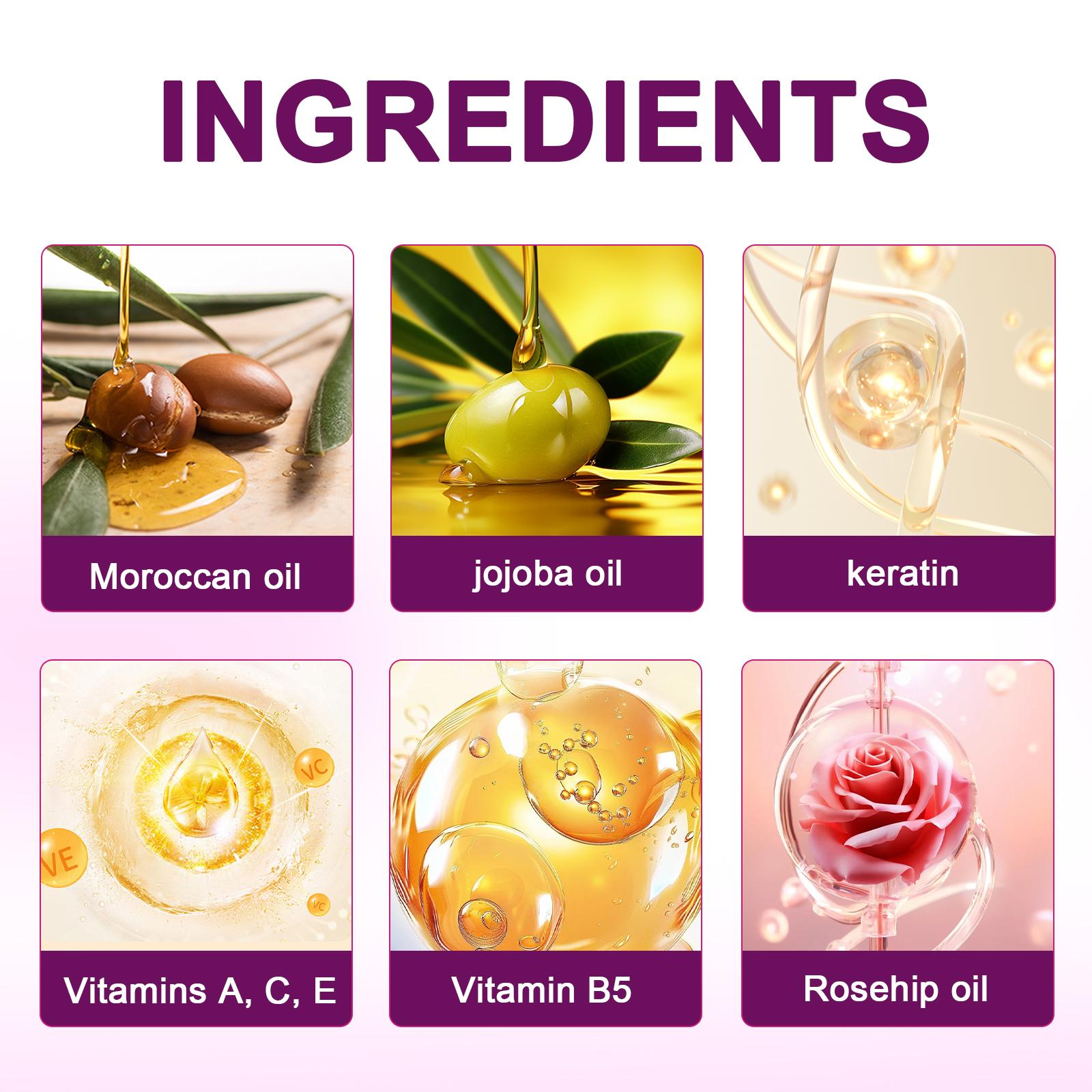 Moroccan oil, jojoba oil, keratin, vitamins and rosehip oil ingredients