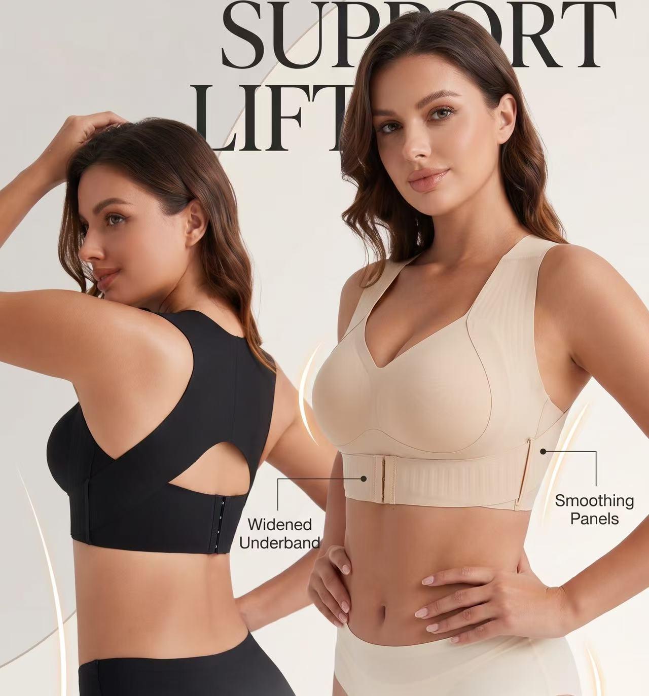 Wireless posture support bra with widened underband and smoothing side panels