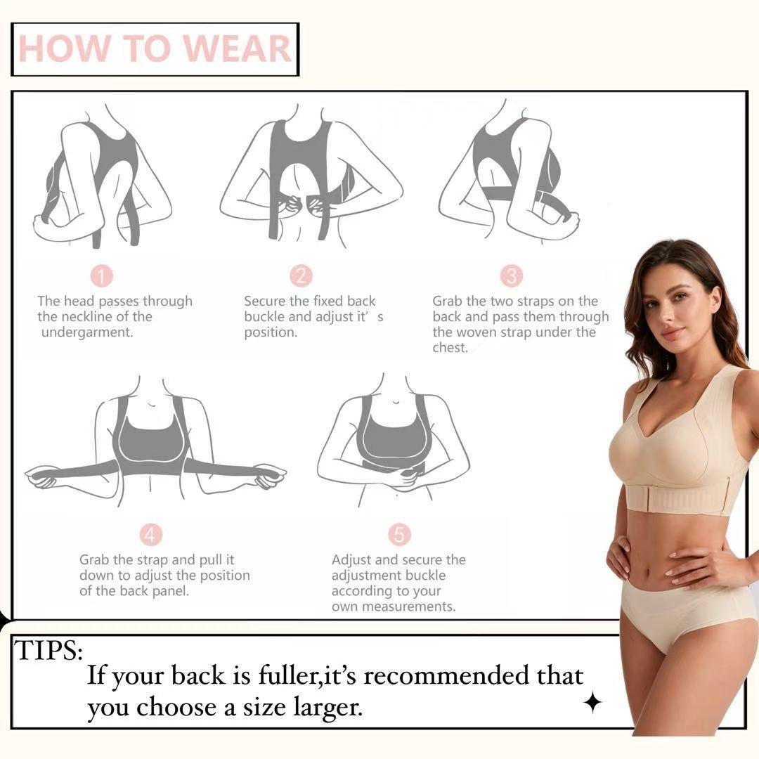 Illustrated instructions for putting on and adjusting the posture support bra