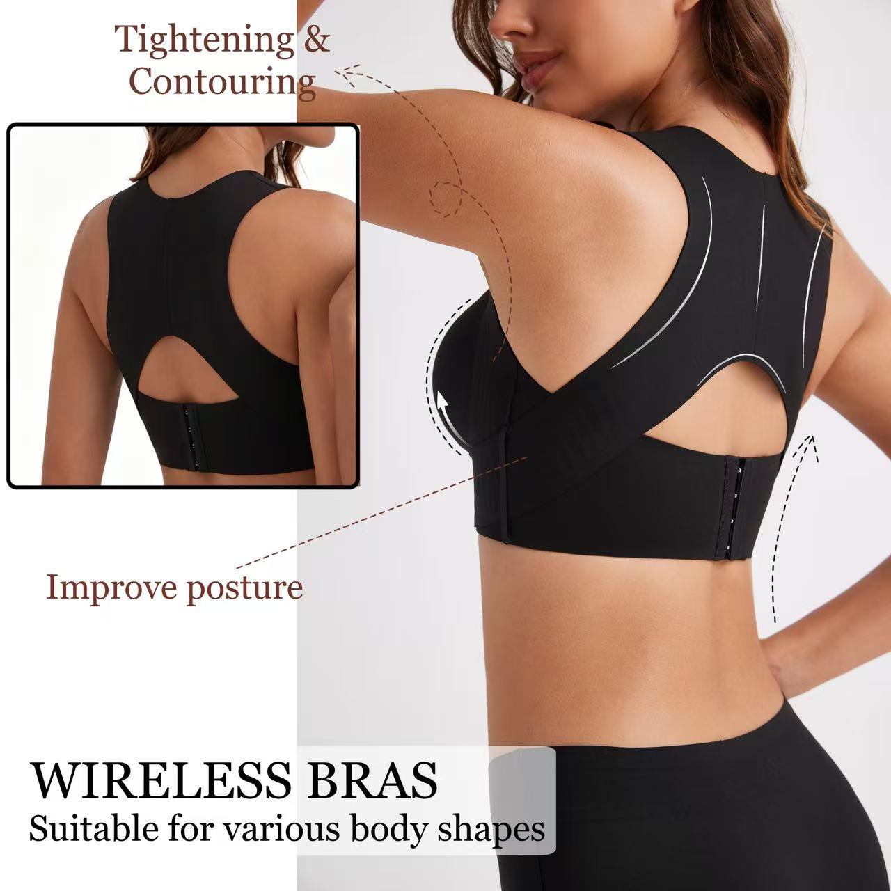 Back view showing the posture support bra's wide upper-back construction
