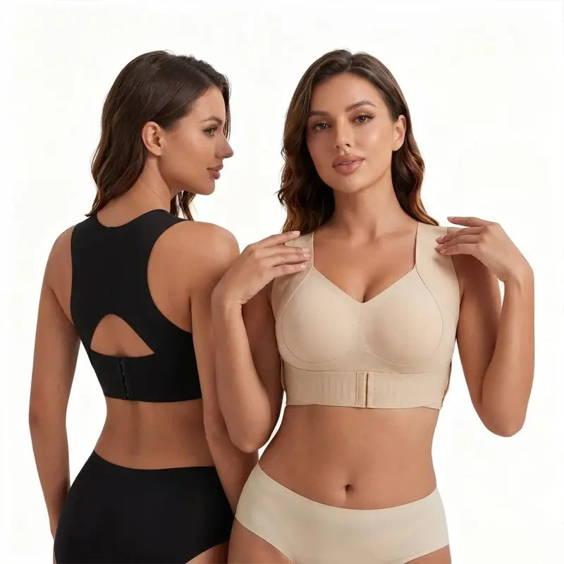 Black and nude wireless posture support bras shown from front and back