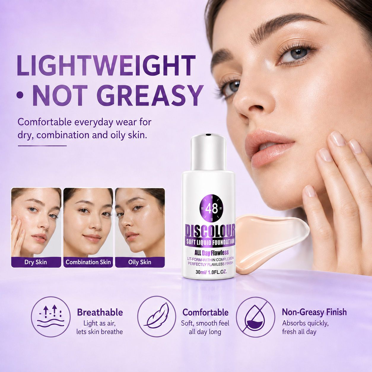 Lightweight non greasy foundation for different skin types