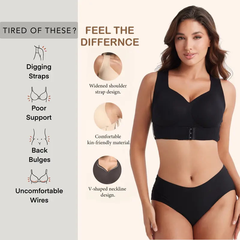 Black wireless support bra demonstrating wide straps and smooth fit