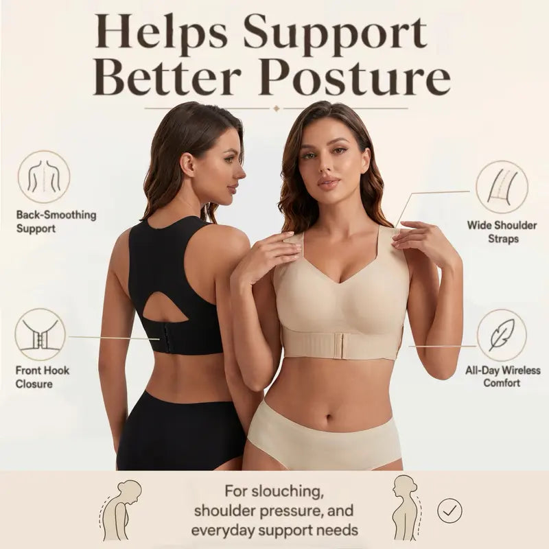 Product overview showing back smoothing, wide straps, front closure and wireless comfort