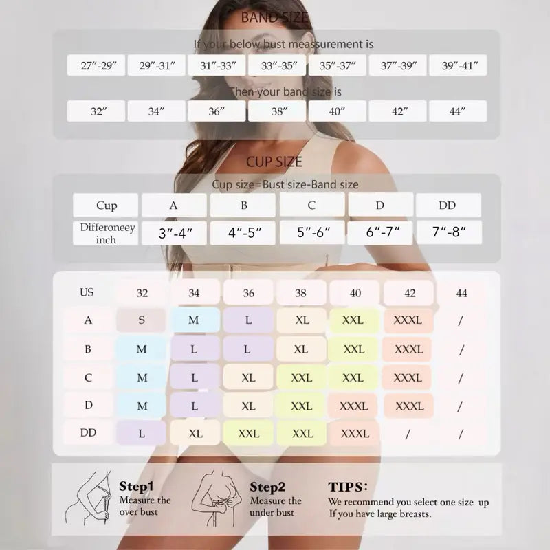Size chart for the wireless posture support bra
