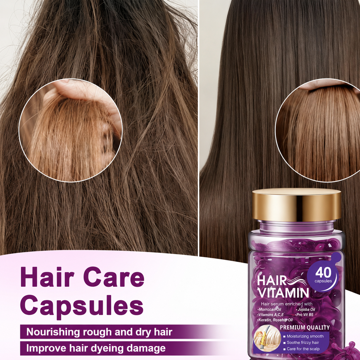 Visual comparison of rough dry hair and smoother-looking hair